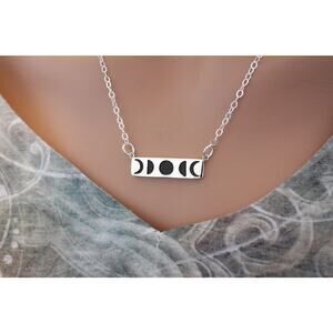 Sterling Silver Moon Phase Pendant Necklace With Black Wood